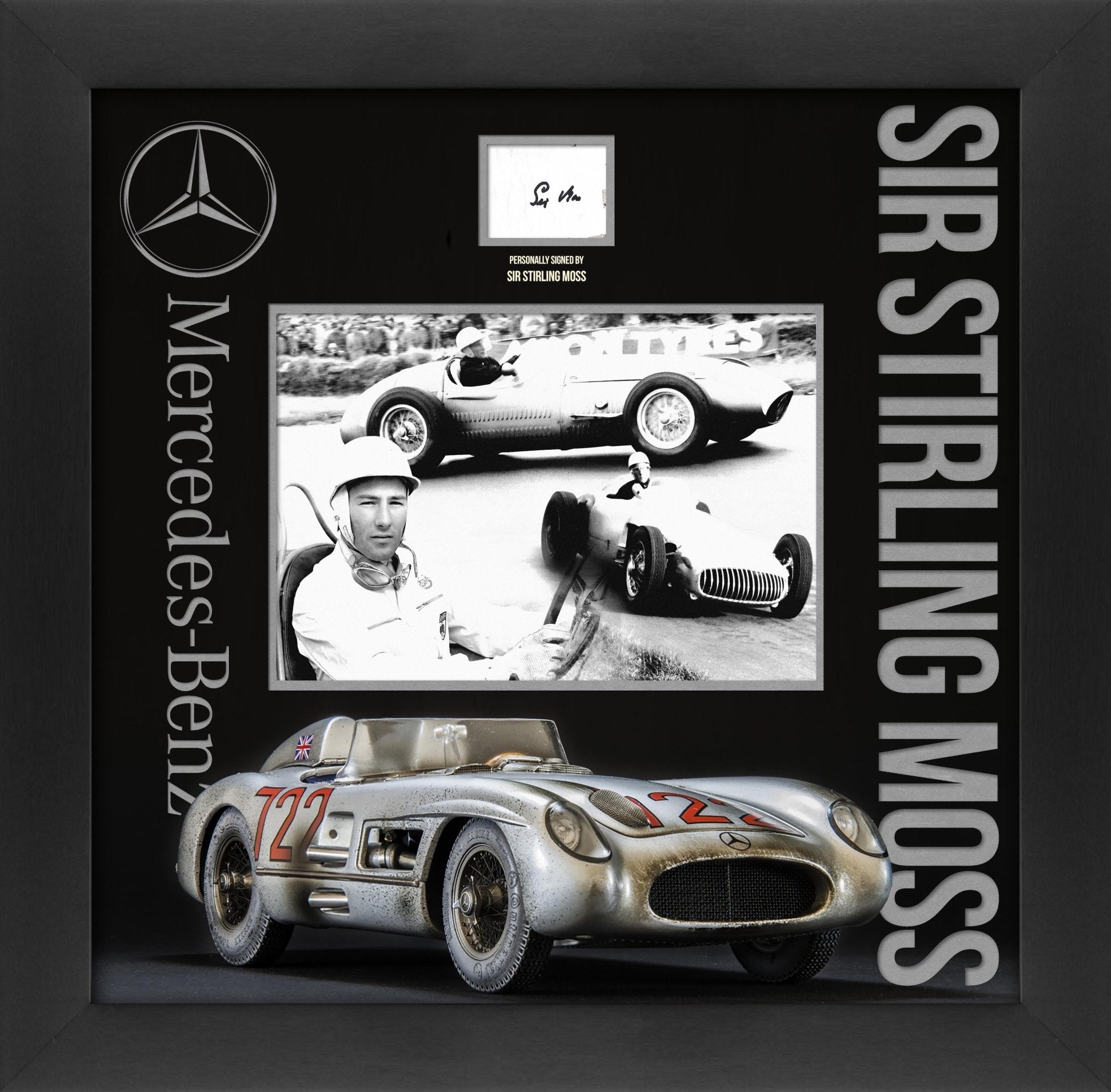 Sir Stirling Moss Signed White card Framed Display - Memorabilia Framers Shop